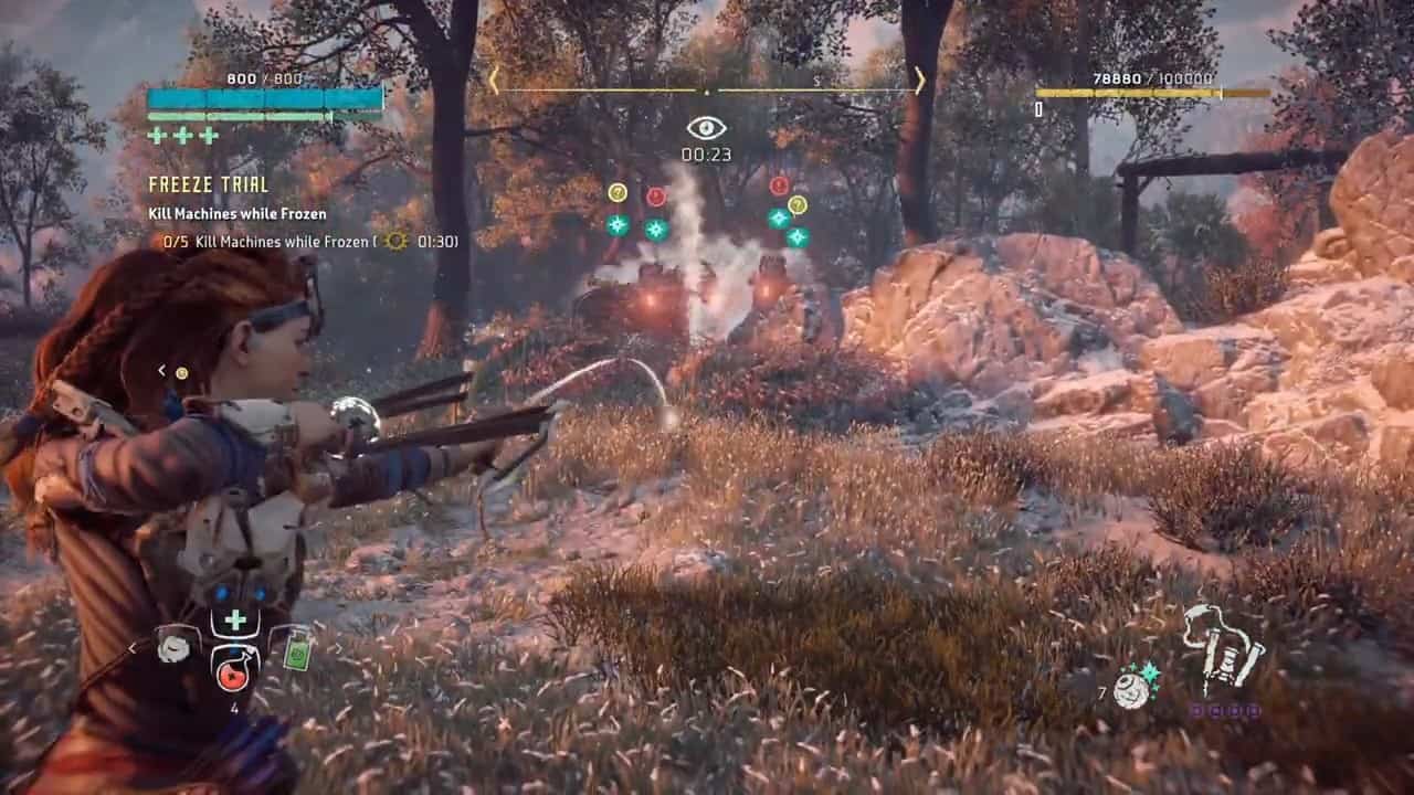 Aloy takes on a group of striders in the freeze trial in horizon zero dawn