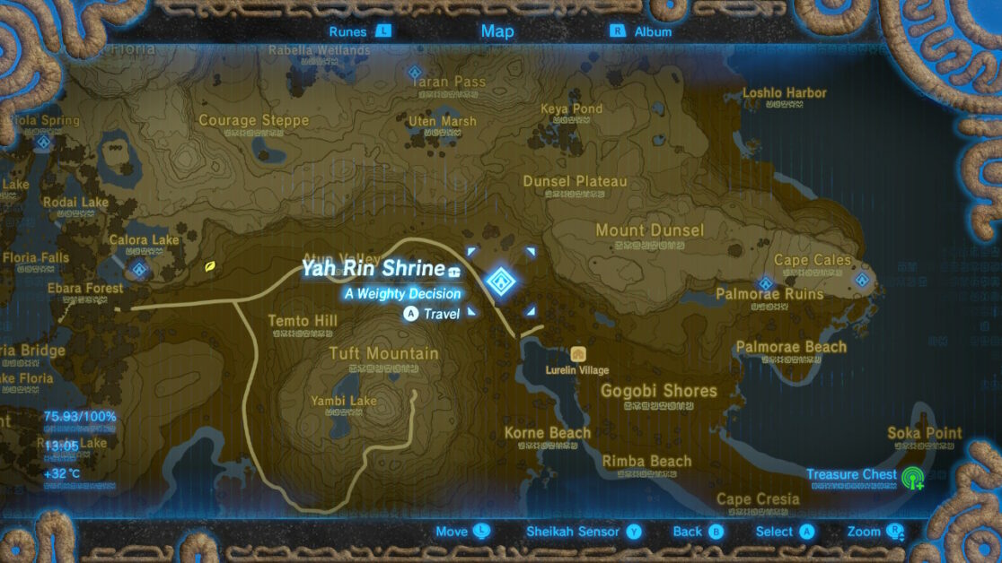 Yah Rin Shrine location in Zelda BOTW