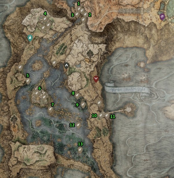 Liurnia of the Lakes Smithing Stone 3 map locations in Elden Ring