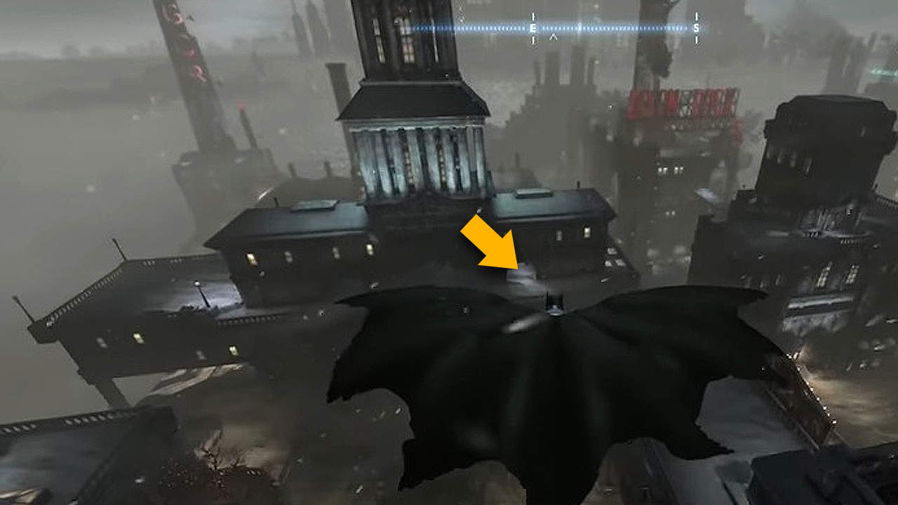 You can approach this plaque from both ends of the tall pillared building in Batman: Arkham Origins.  