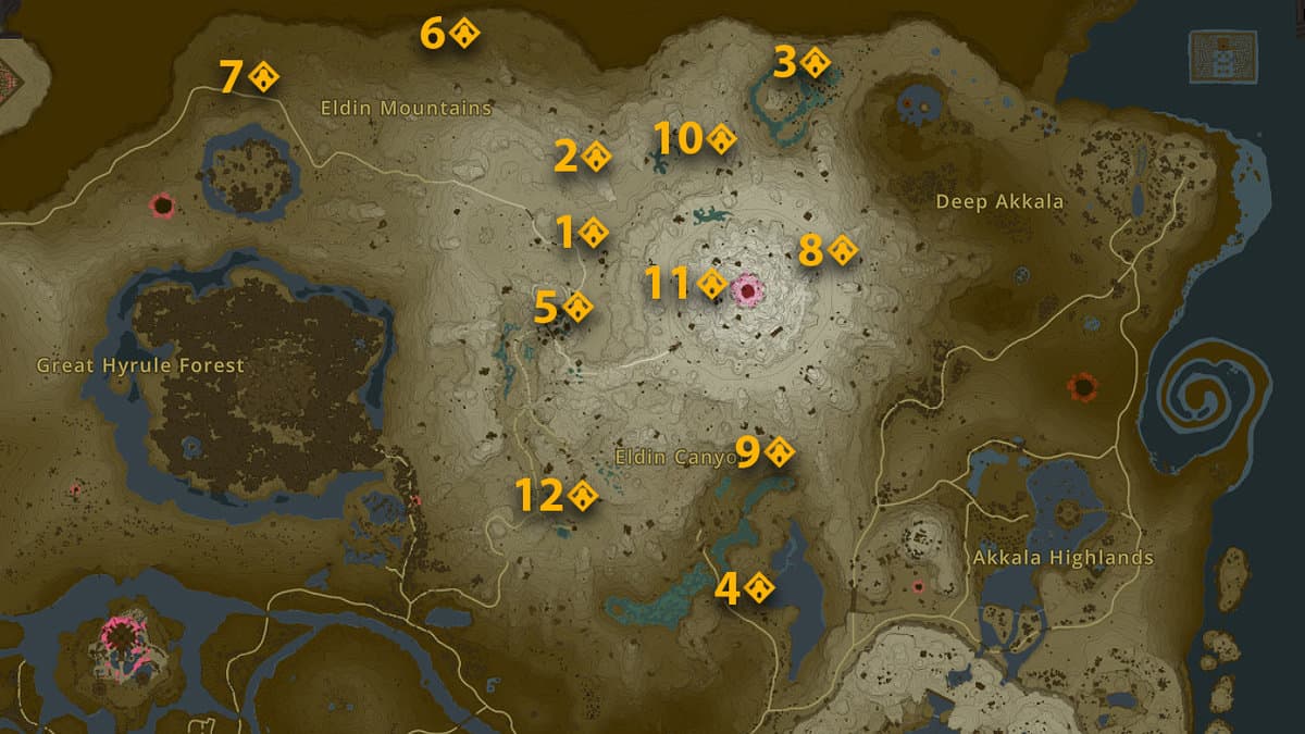 Shrine locations map for Eldin Surface in Zelda: Tears of the Kingdom