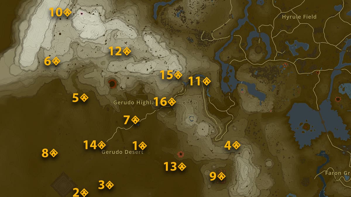 Shrine locations map for Gerudo Surface in Zelda: Tears of the Kingdom