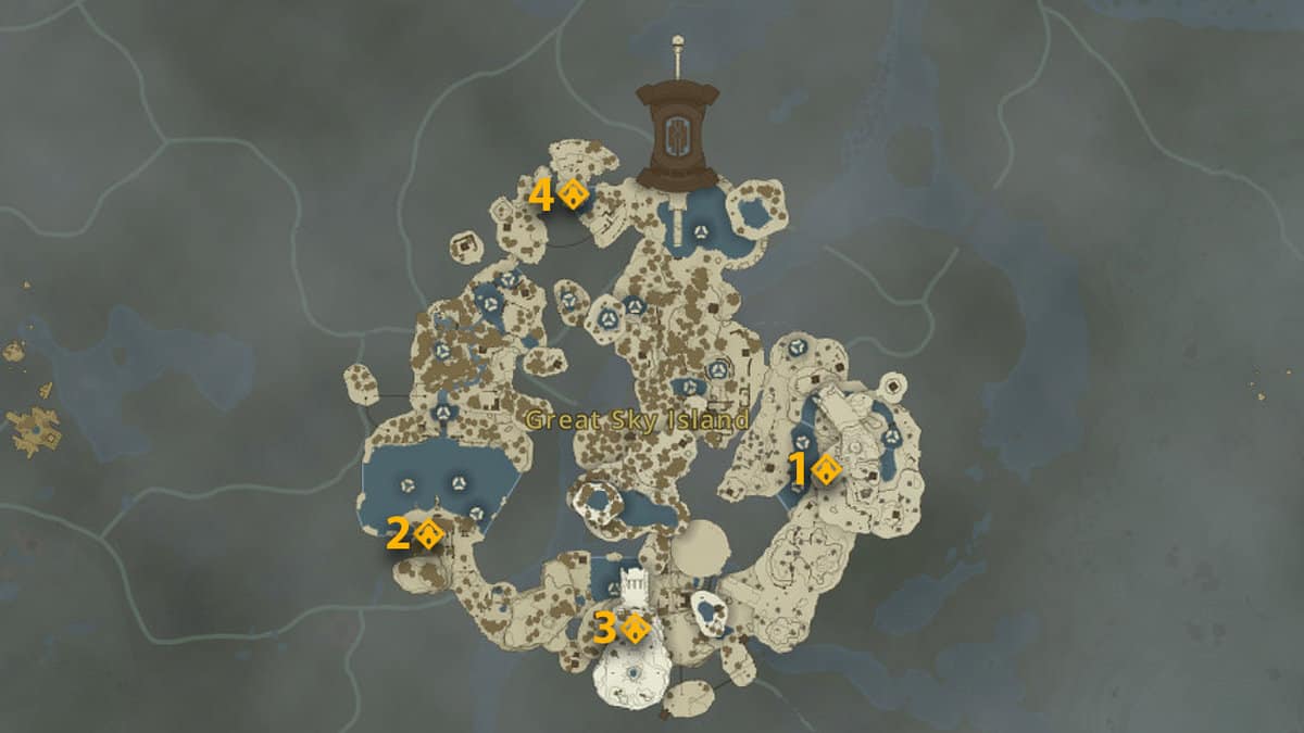 Shrine locations map for Great SKY Island in Zelda: Tears of the Kingdom
