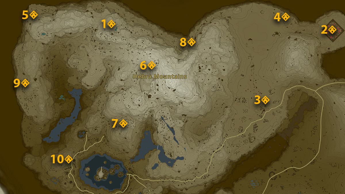 Shrine locations map for Hebra Surface in Zelda: Tears of the Kingdom