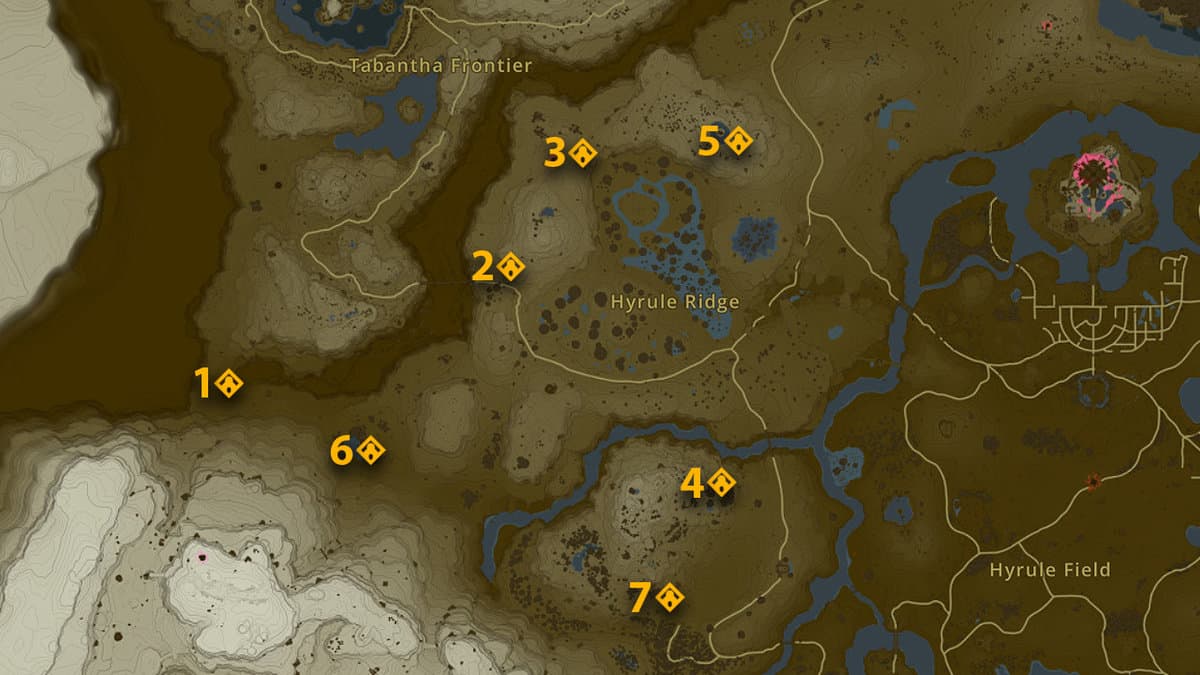 Shrine locations map for Hyrule Ridge in Zelda: Tears of the Kingdom