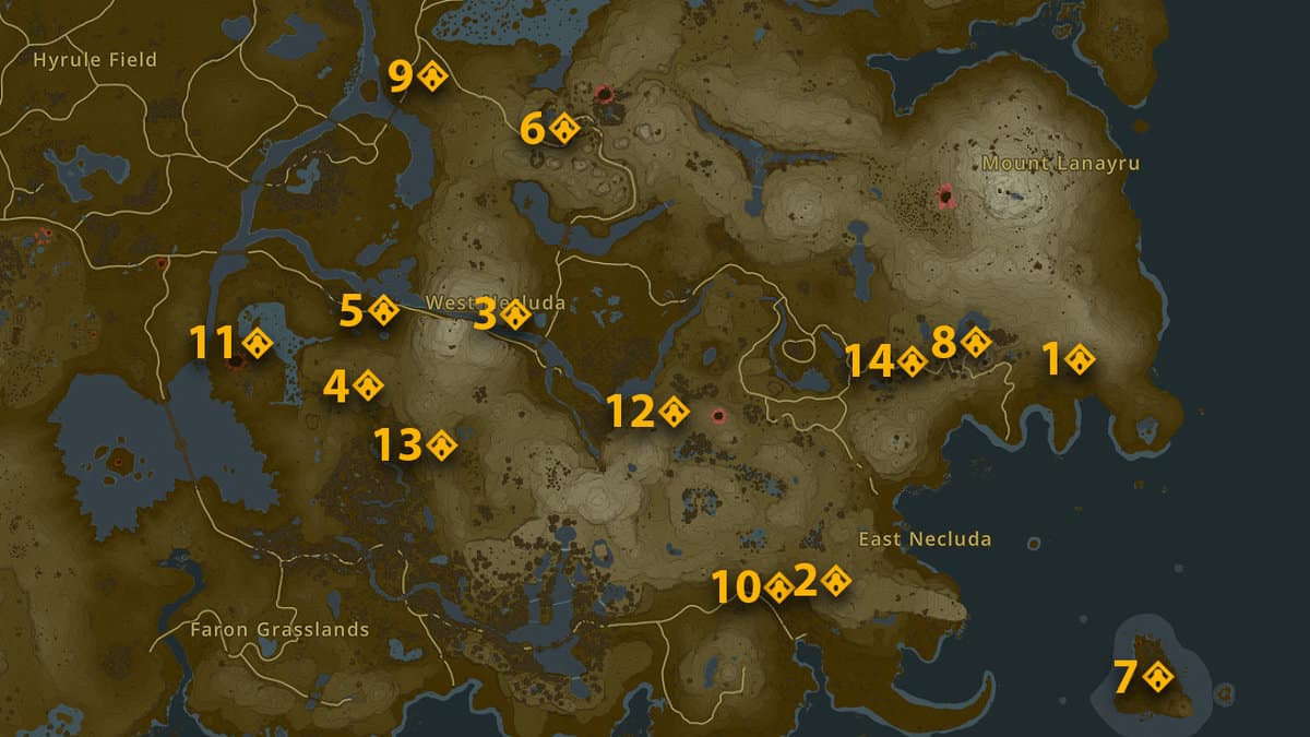 Necluda Surface Shrine map locations in Zelda: Tears of the Kingdom