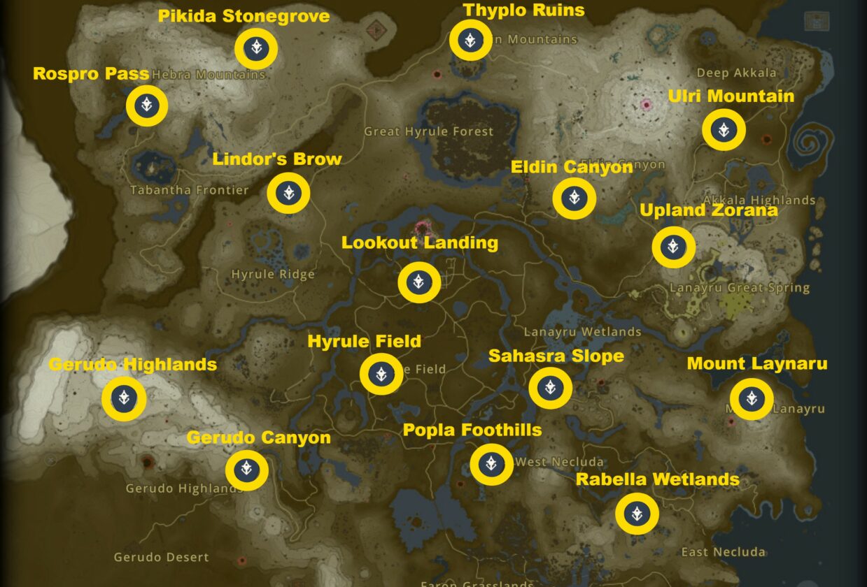 Skyview Tower map locations in Tears of the Kingdom