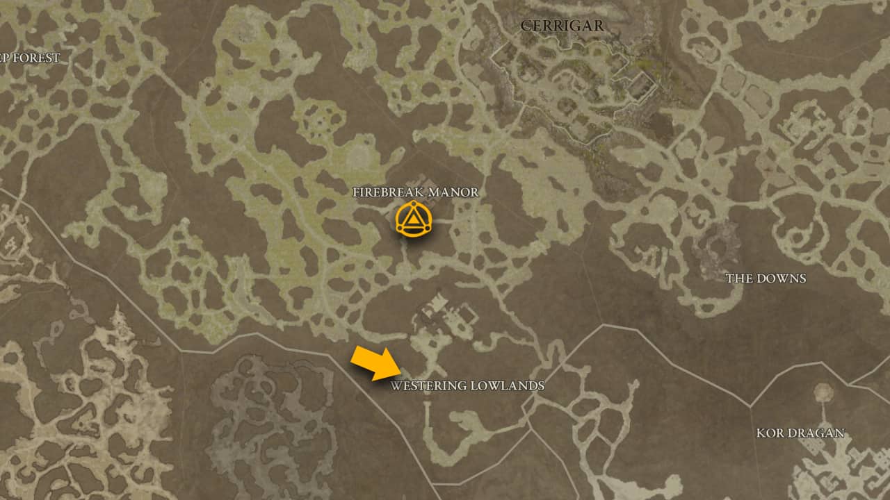 The map location of the Broken Bulwark dungeon in Diablo 4 with nearby waypoints.