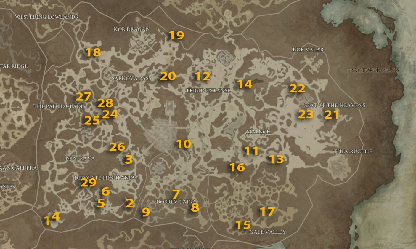Cellars map locations in the Fractured Peaks region of Diablo 4