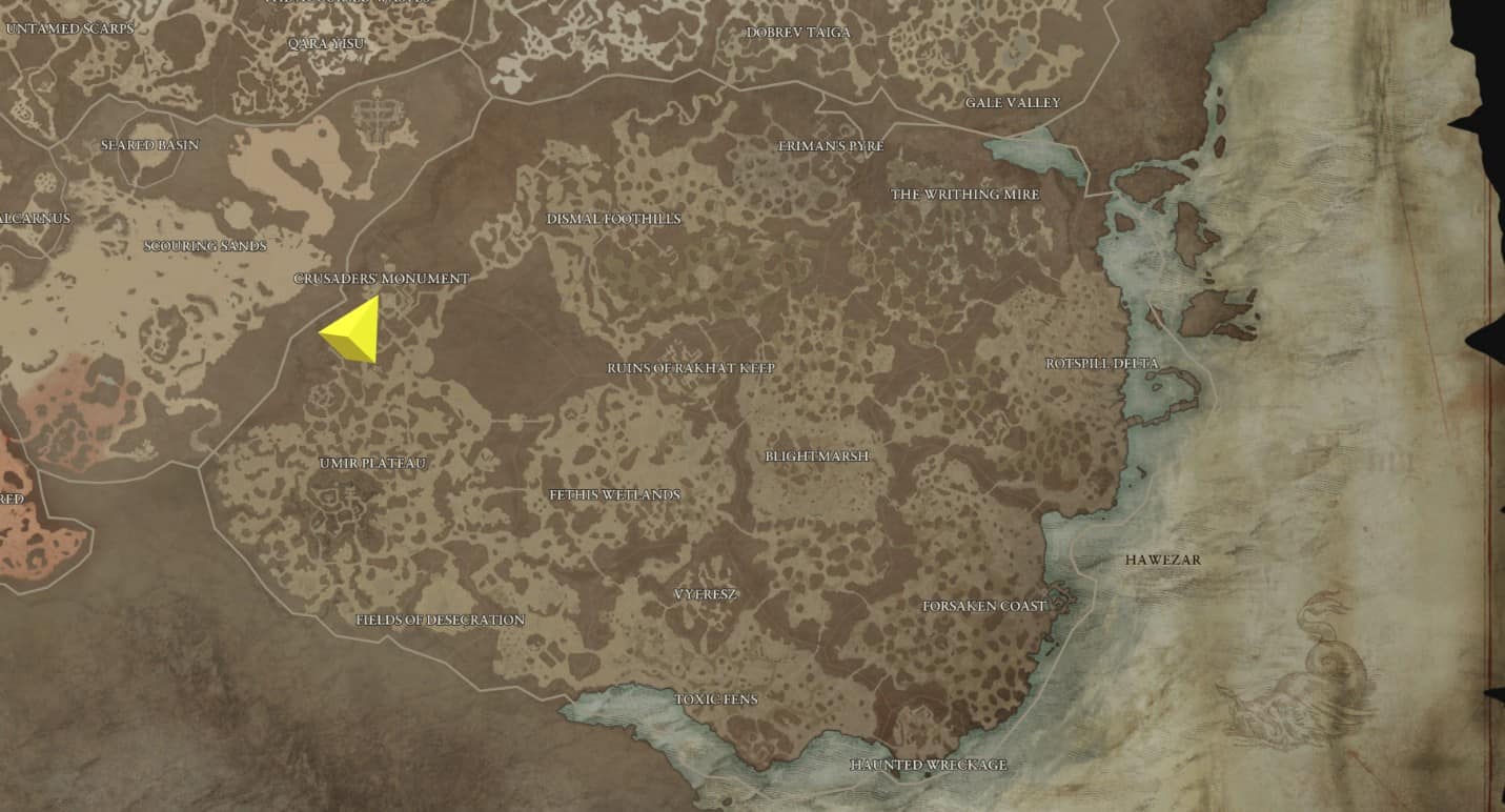 Hawezar Crusaders' Monument stronghold map location in Diablo 4