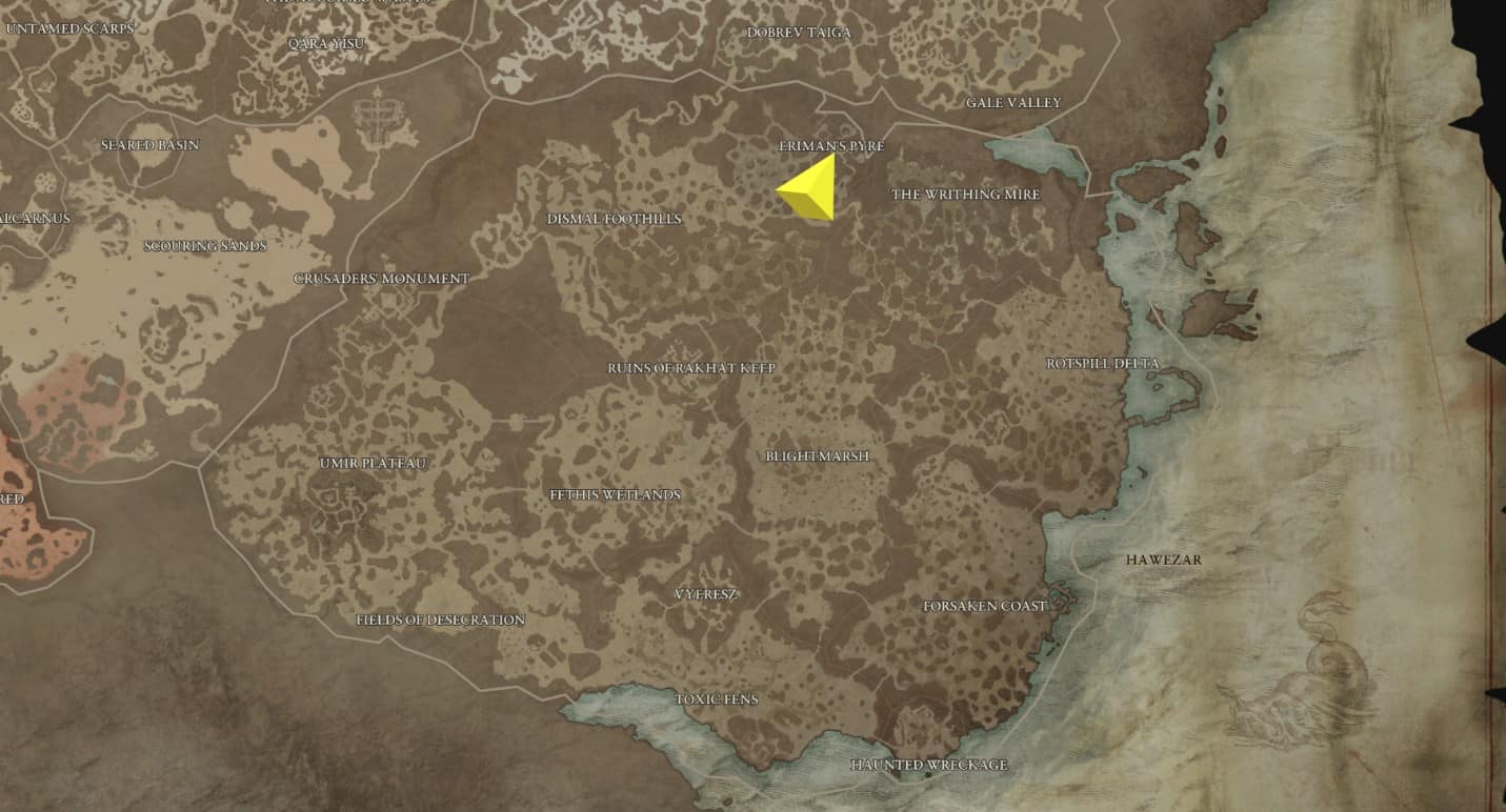 Hawezar Eriman's Pyre stronghold map location in Diablo 4