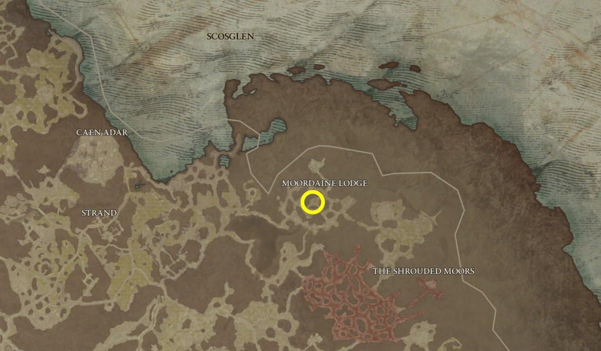 Moordaine Lodge Stronghold map location in Diablo 4