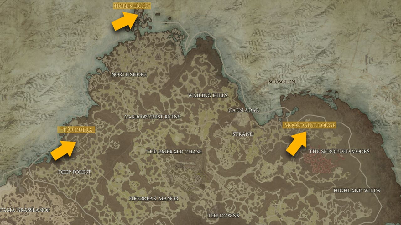 Diablo 4 stronghold map locations in Scosglen 