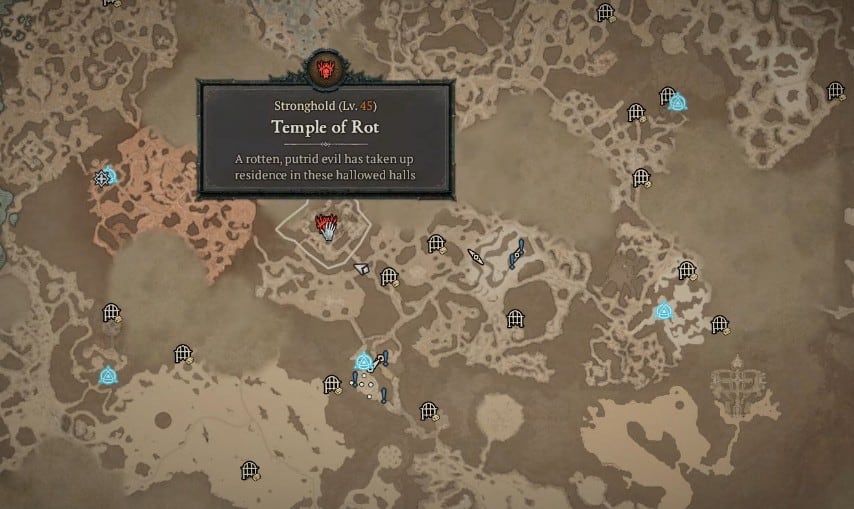 Temple of Rot Stronghold map location in Diablo 4