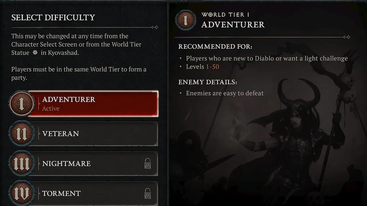 World Tier 1 difficulty settings in Diablo 4