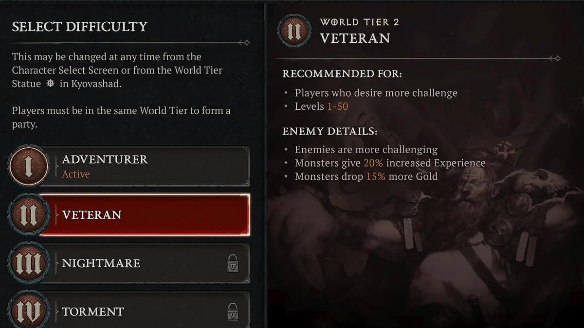 World Tier 2 difficulty settings in Diablo 4