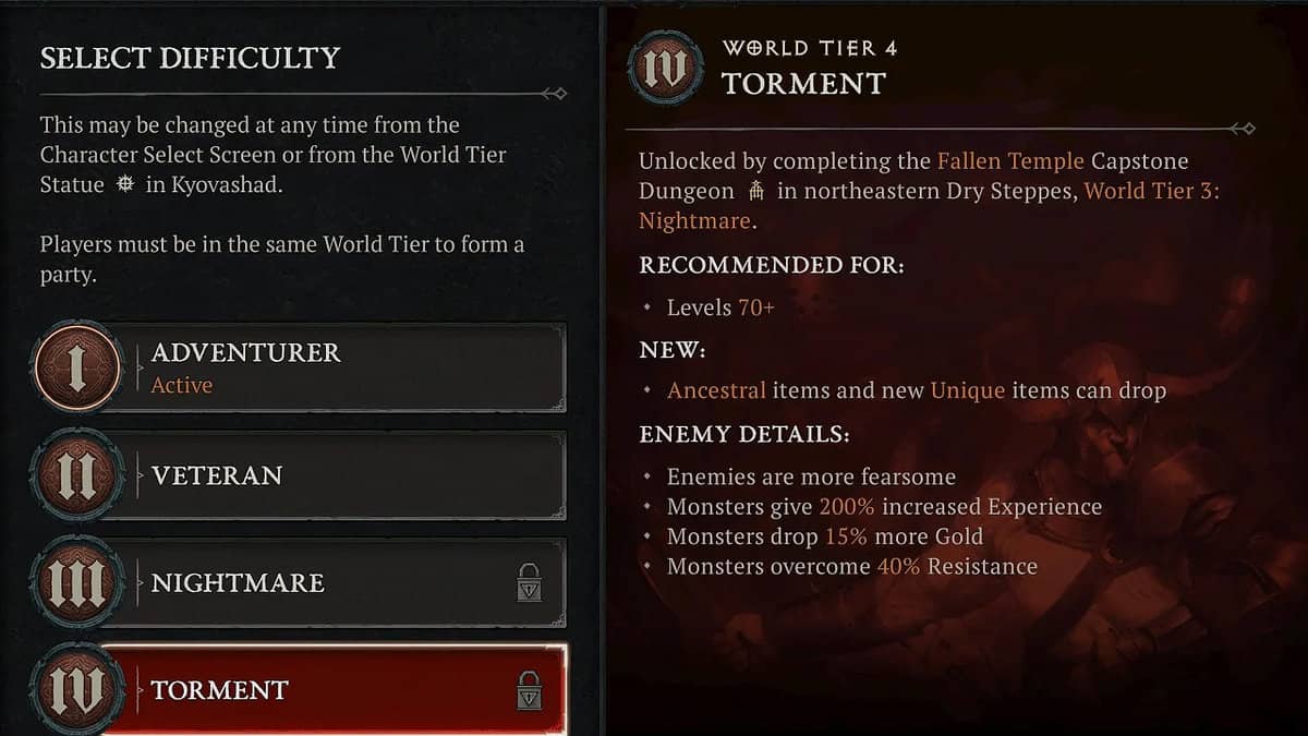 World Tier 4 difficulty settings in Diablo 4
