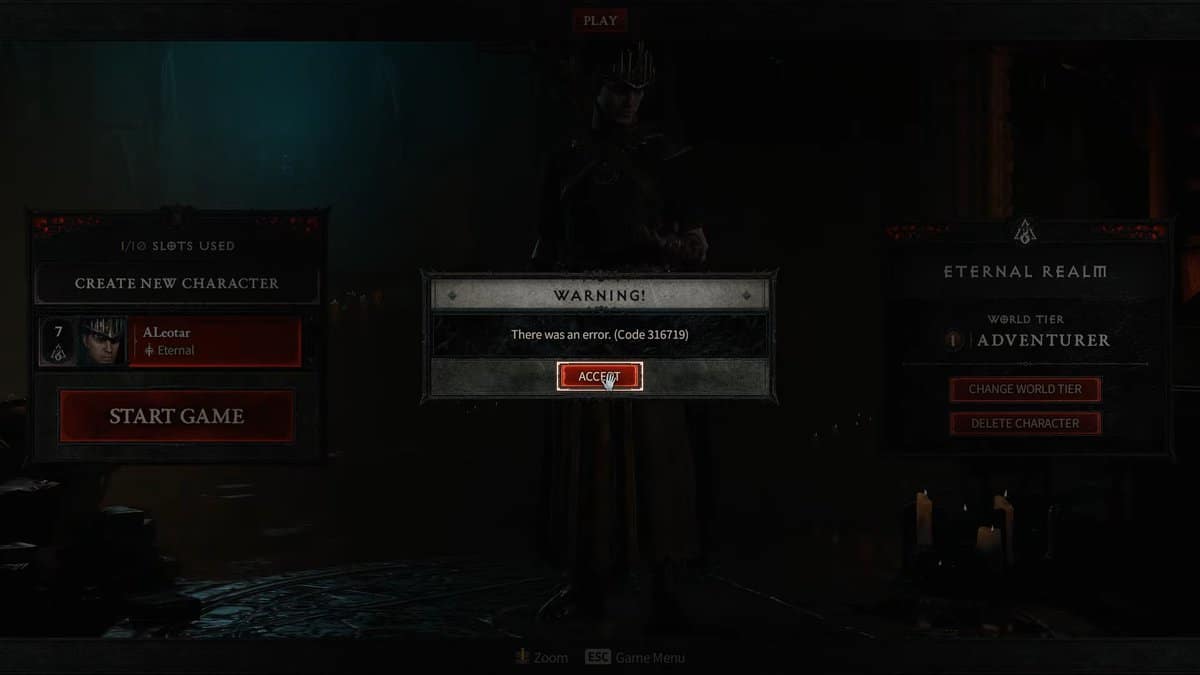 Error Code 316719 in Diablo 4