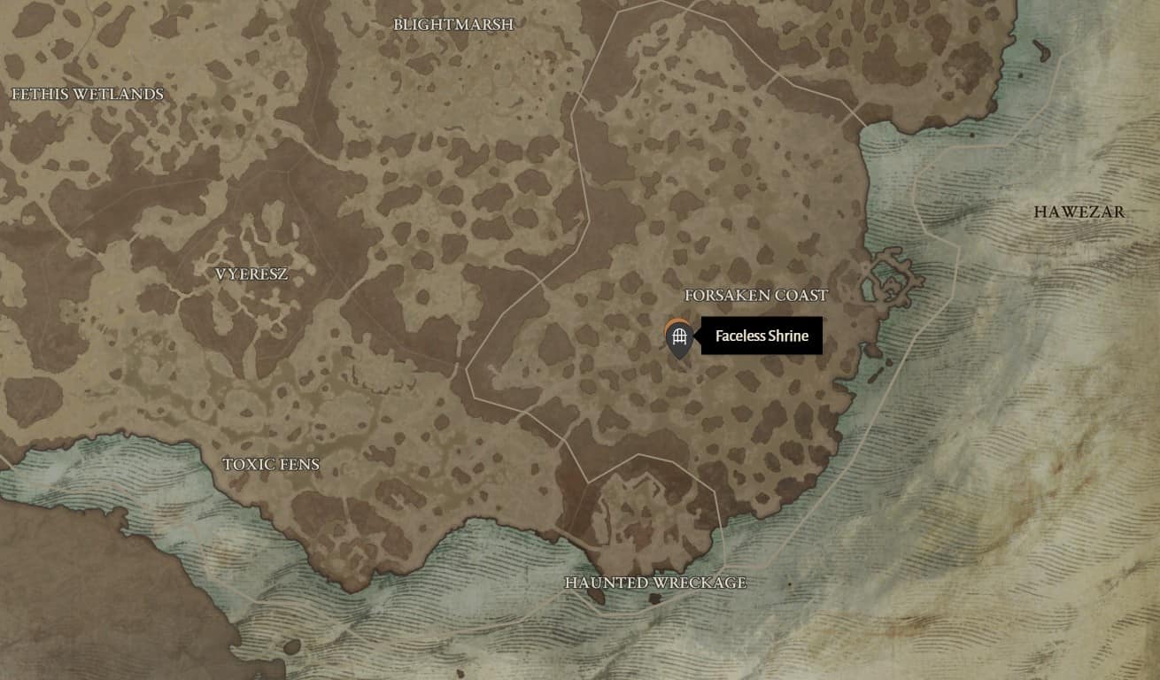 Faceless Shrine dungeon location in Diablo 4