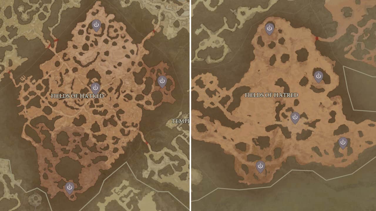 The map locations of Altars of Extraction in Dry Steppes and Kehjistan in Diablo 4.