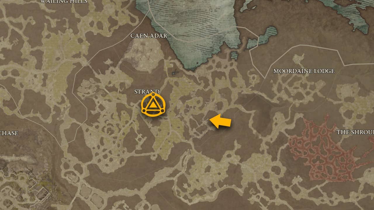 Where to find the Aspect of the Dire Whirlwind on the Diablo 4 map.