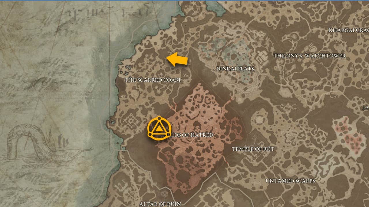 The map location of Carrion Fields and how to get there in Diablo 4.