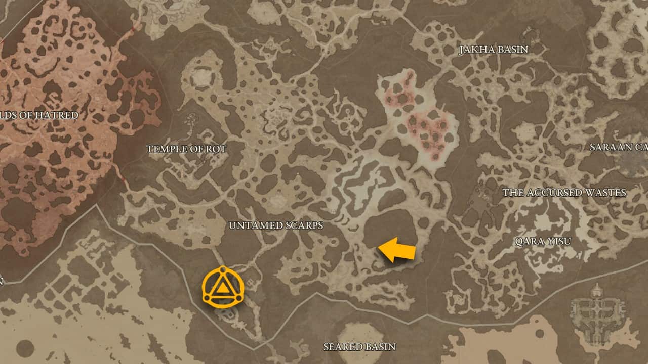 The map location of Champion's Demise and how to get there in Diablo 4.