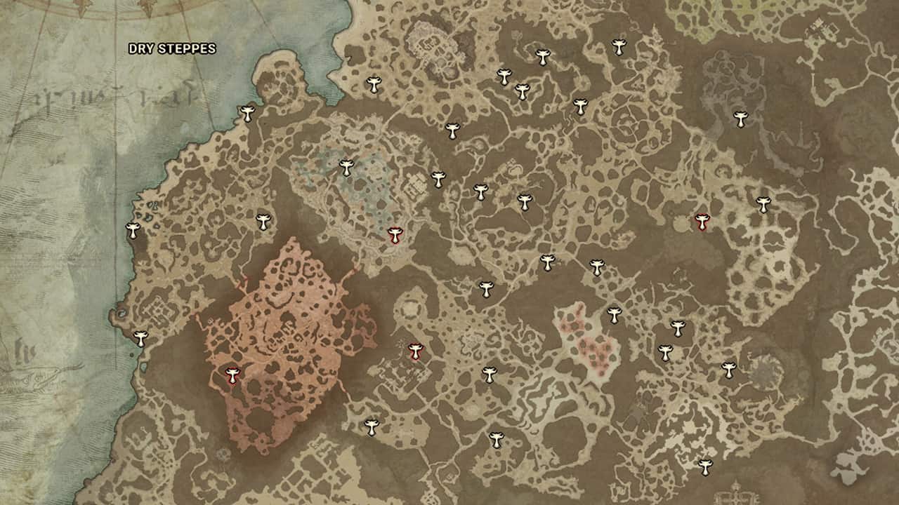 The map locations of Altars of Lilith in Dry Steppes in Diablo 4.