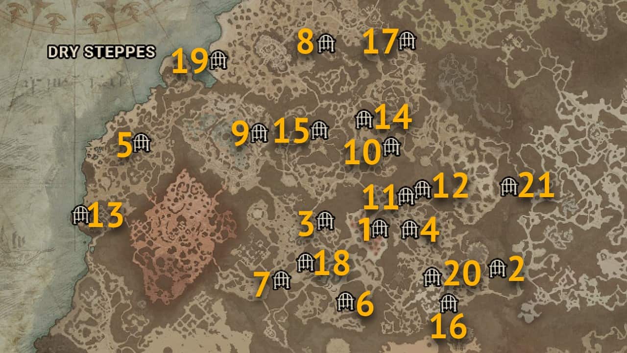 The map locations of all dungeons in the Dry Steppes region of Diablo 4.