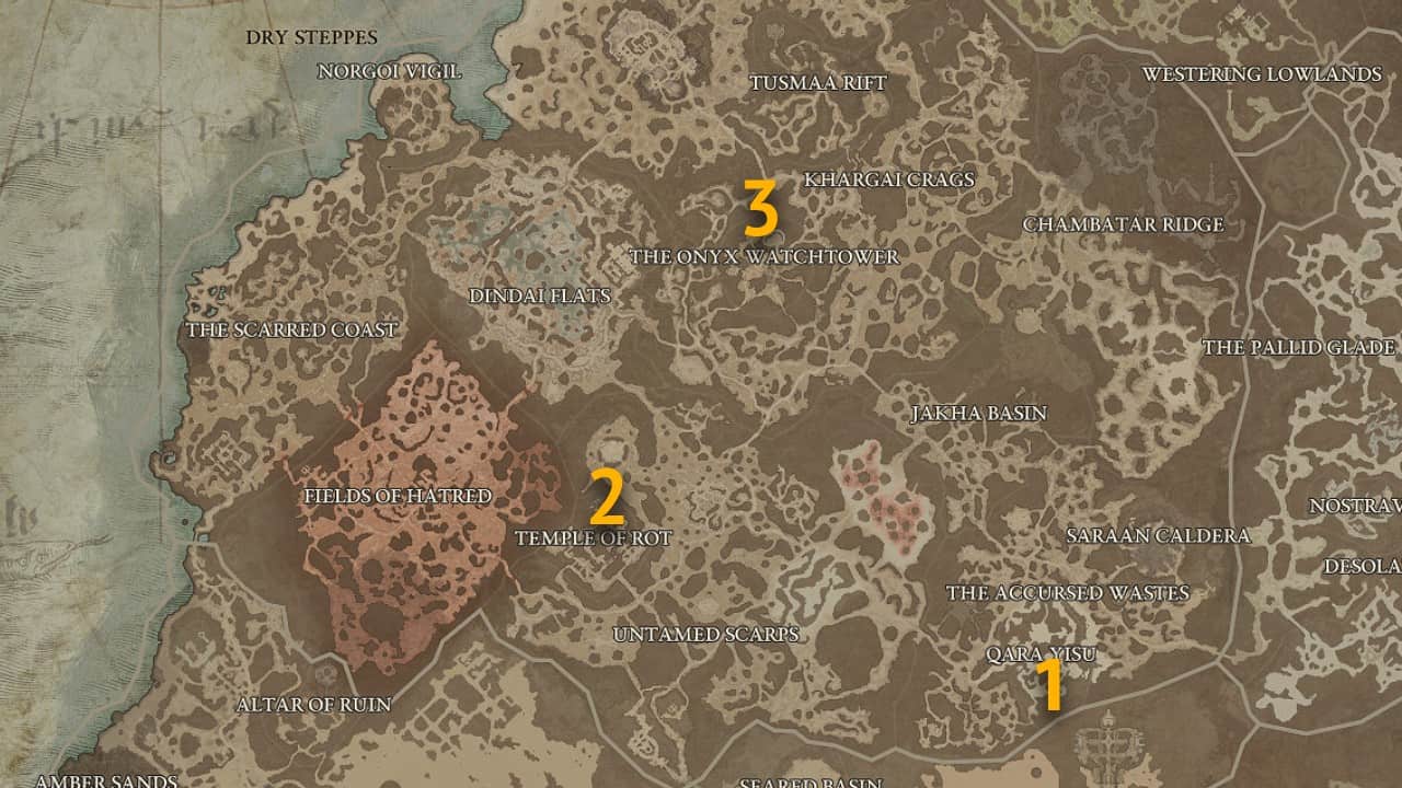 The map locations of Dry Steppes Strongholds in Diablo 4.