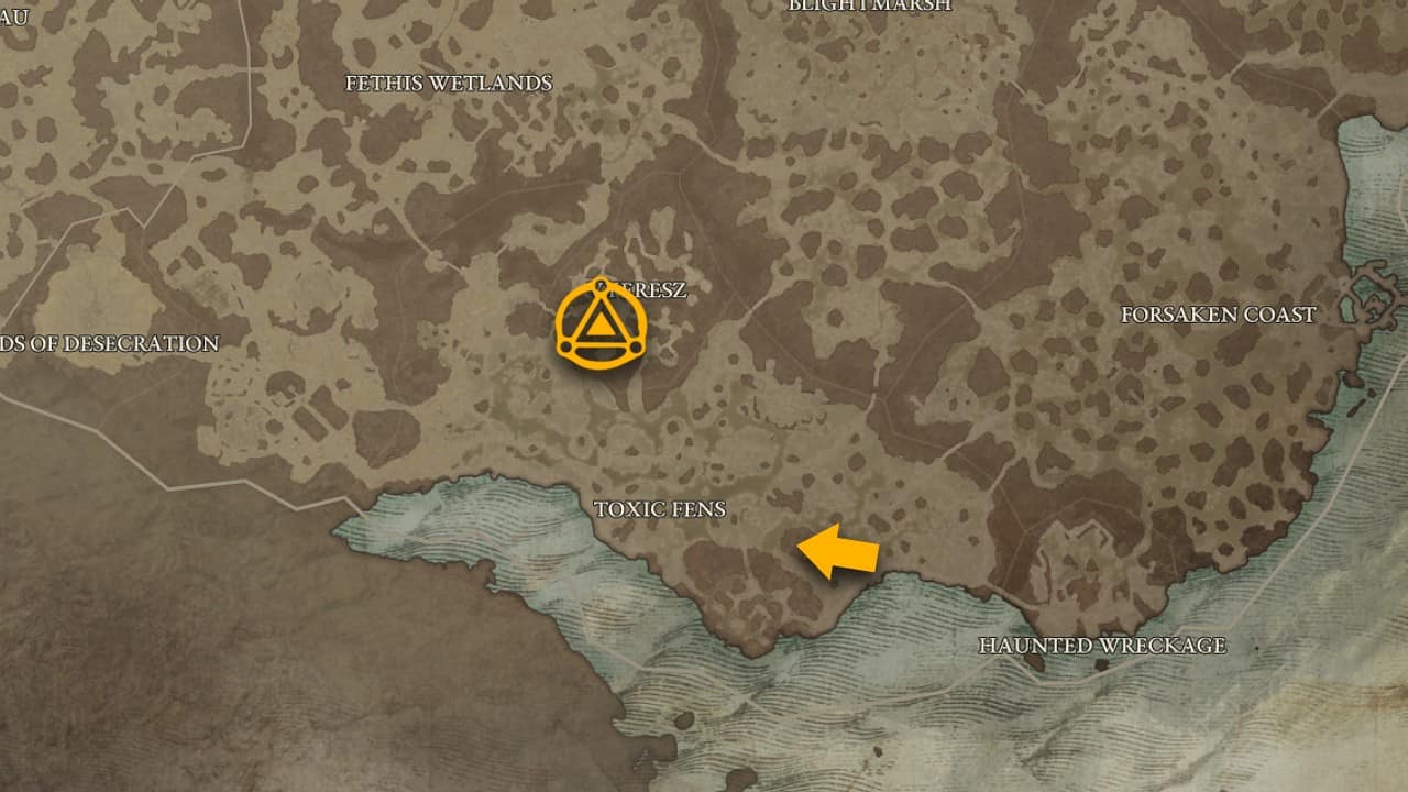 The map location of Enshrouding Aspect in Diablo 4.