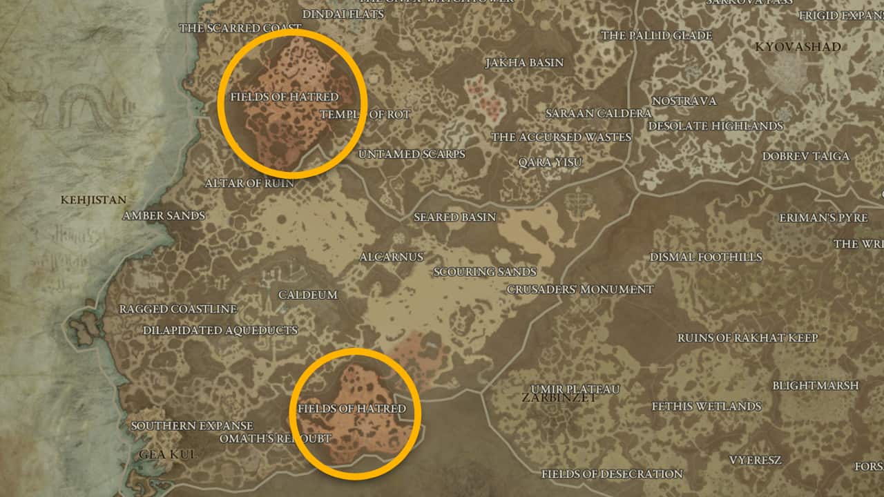 The map locations of both Fields of Hatred in Diablo 4. 