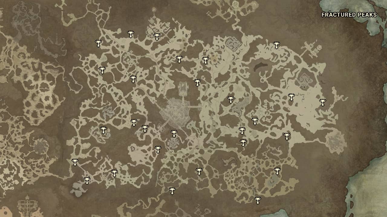 The map locations of Altars of Lilith in Fractured Peaks in Diablo 4.