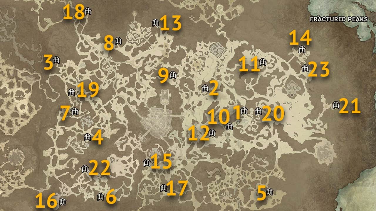 The map locations of all dungeons in the Fractured Peaks region of Diablo 4.