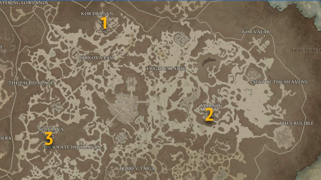 The map locations of Fractured Peaks Strongholds in Diablo 4.