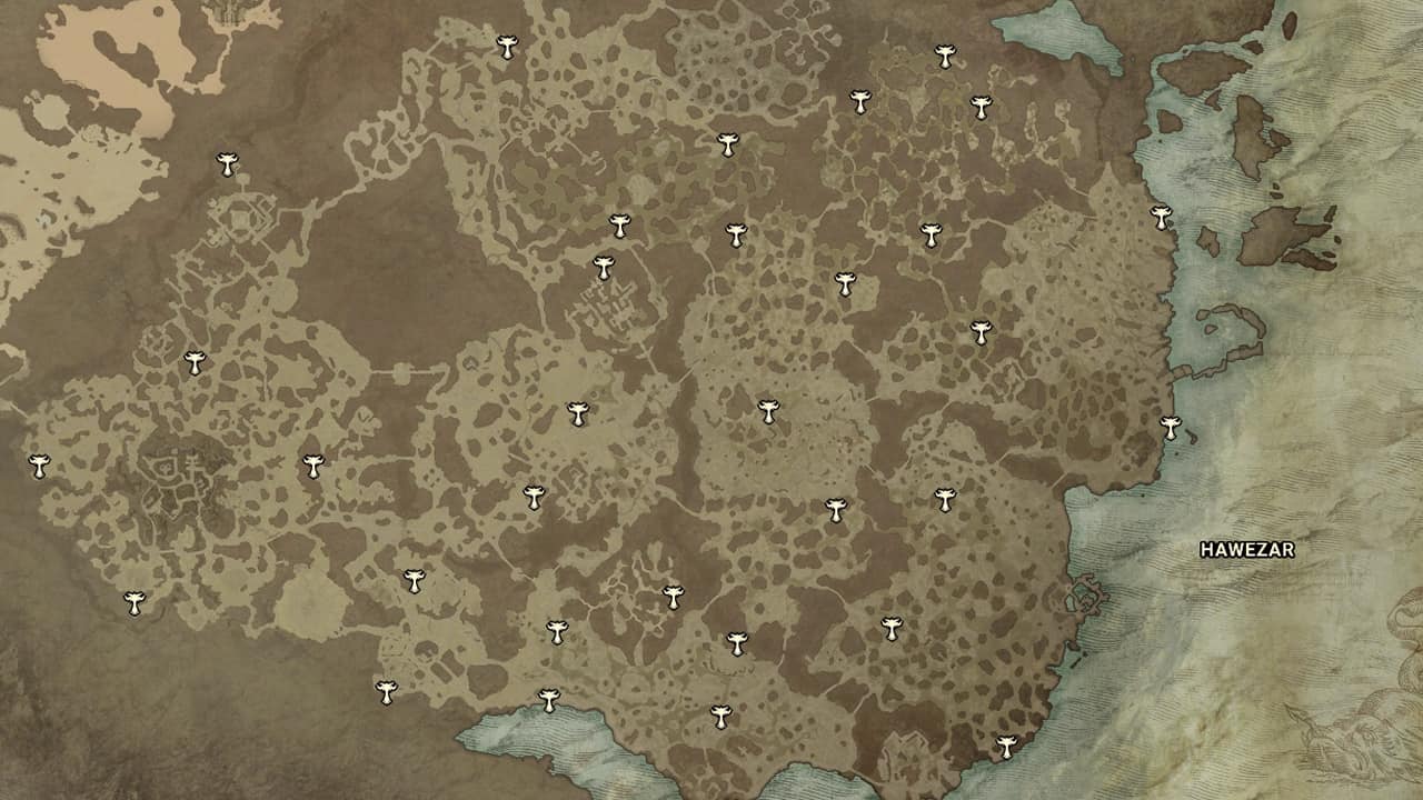 The map locations of Altars of Lilith in Hawezar in Diablo 4.