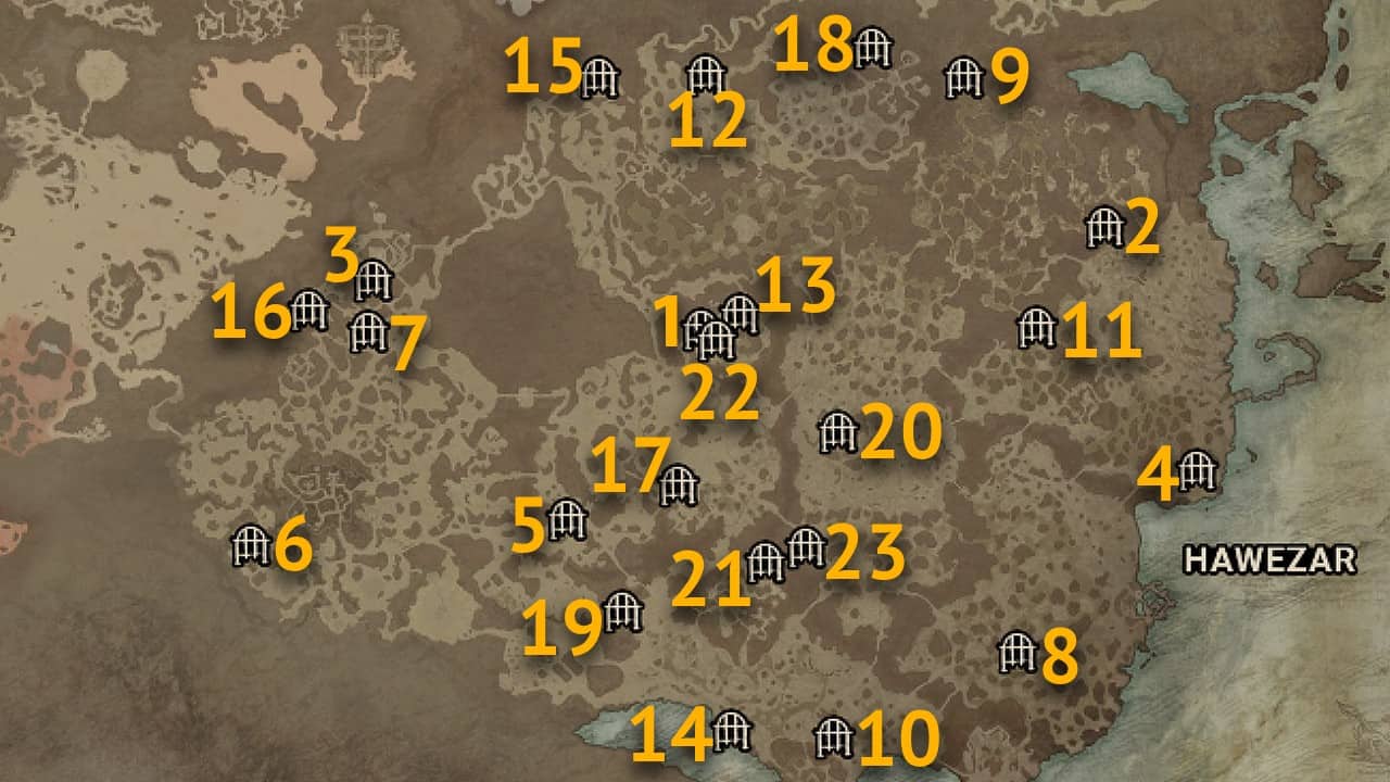 The map locations of all dungeons in the Hawezar region of Diablo 4.
