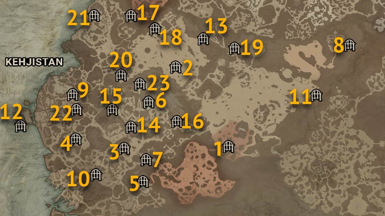 The map locations of all dungeons in the Kehjistan region of Diablo 4.