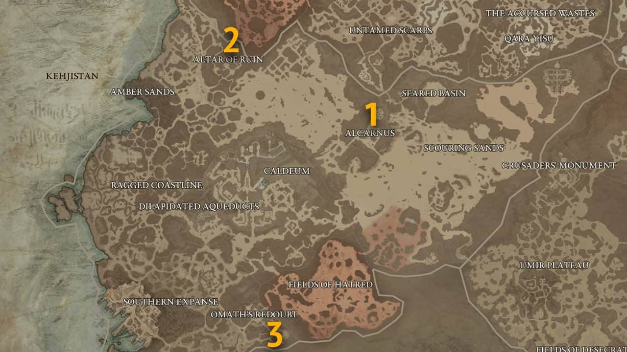 The map locations of Kehjistan Strongholds in Diablo 4.