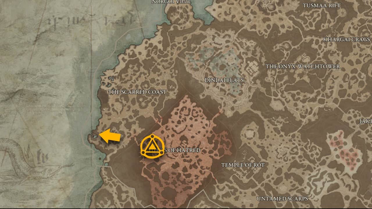 The map location of Komdor Temple and how to get there in Diablo 4.