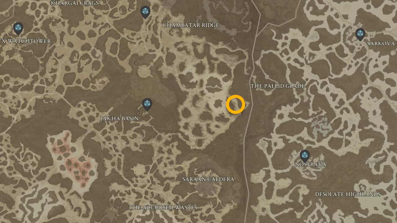 The map location of Gur's Freezing Armor, dropped by Pitiless Gur in Diablo 4.