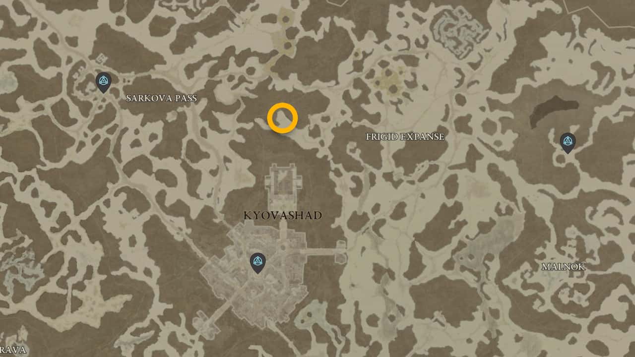 The map location of Sir Lynna and his Darkbalde in Diablo 4.
