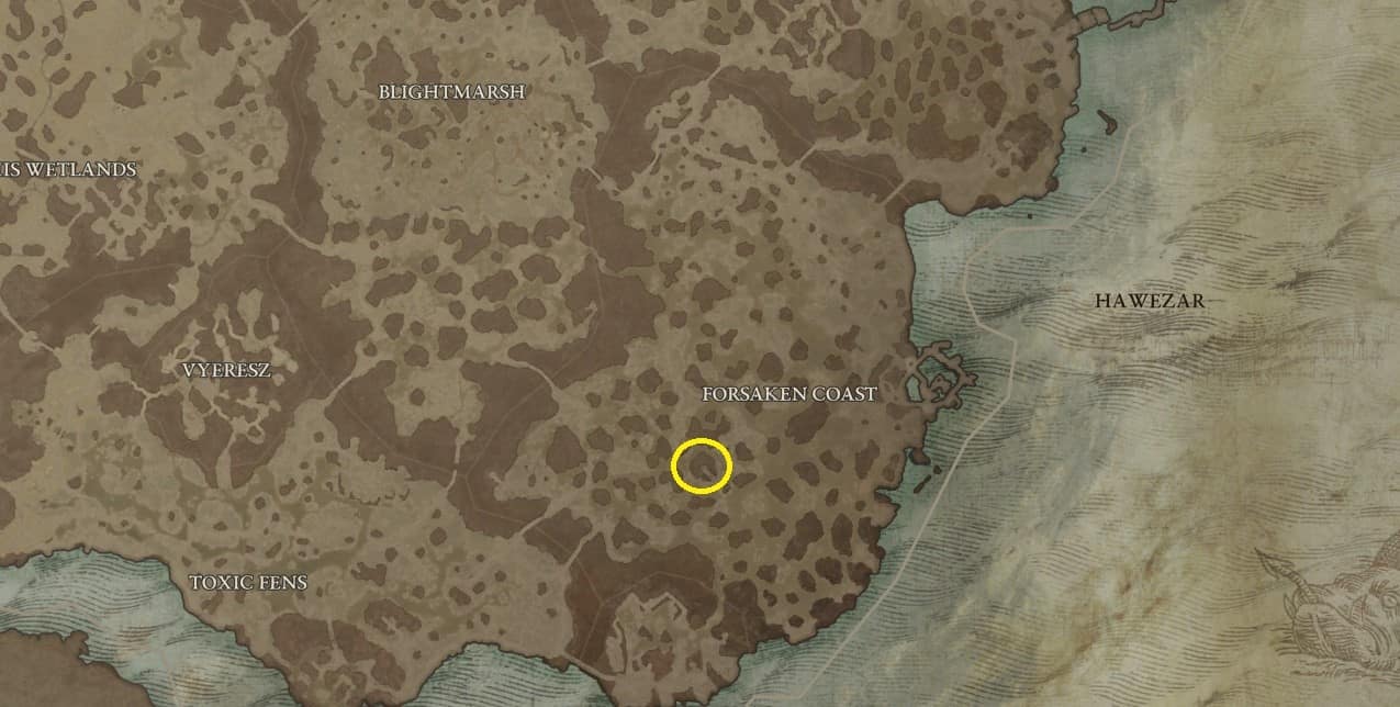 The map location of Unyielding Commander's Aspect in Diablo 4.