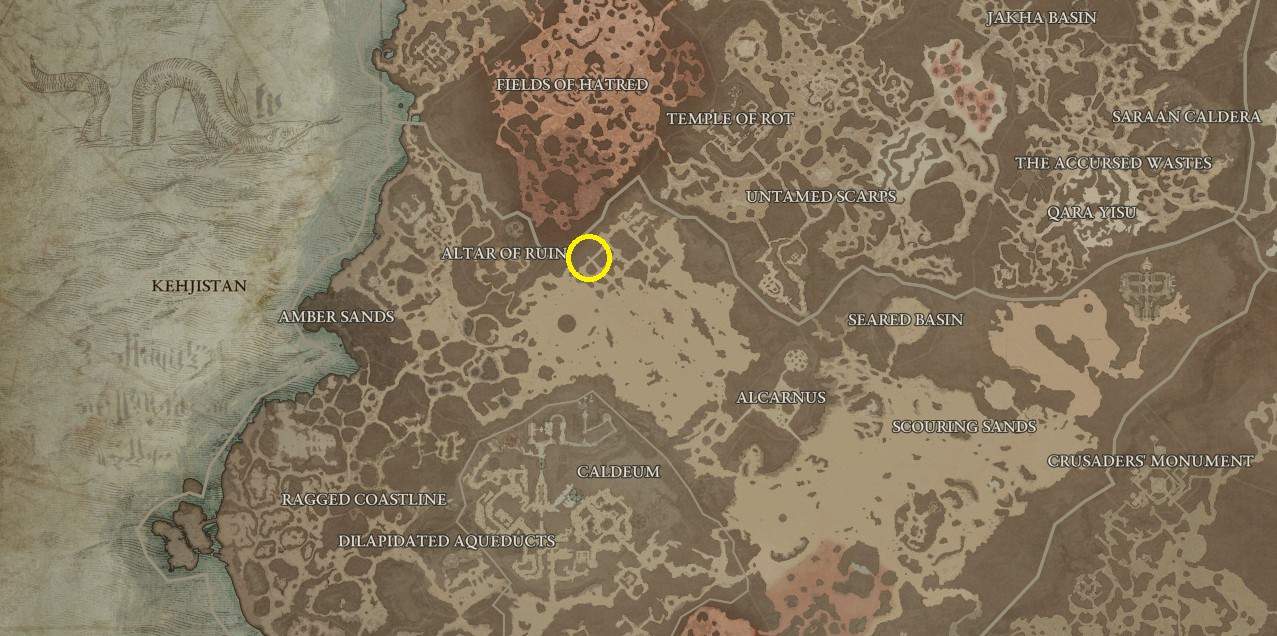 The map location of Wind Striker Aspect in Diablo 4.
