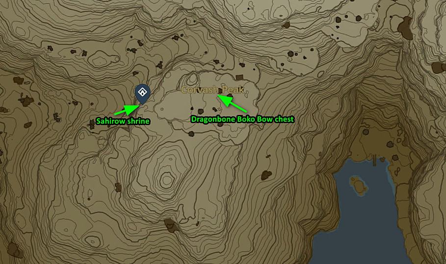 The map location of the Dragonbone Boko Bow in Zelda: Tears of the Kingdom. 
