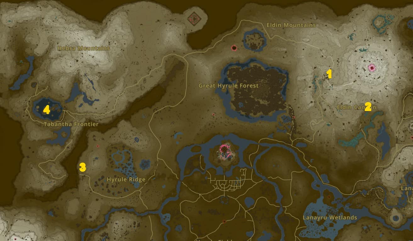 The map locations where you can get the Strong Construct Bow in Tears of the Kingdom.
