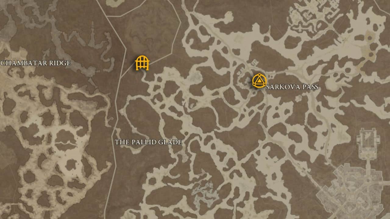 The map location of Caldera Gate and how to get there in Diablo 4.