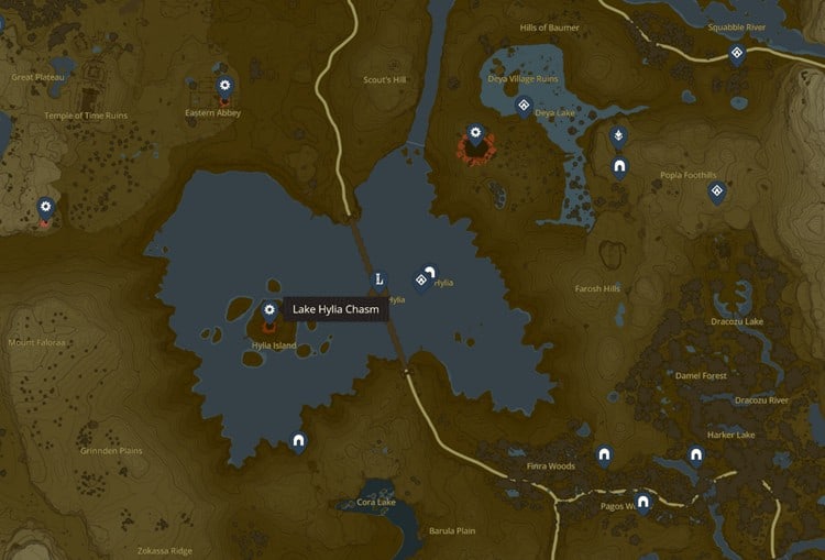 Map Of Hyrule Pointing Out Lake Hylia Chasm