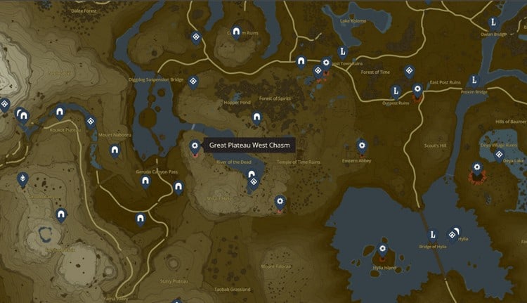 Map of Hyrule Pointing Out Great Plateau West Chasm