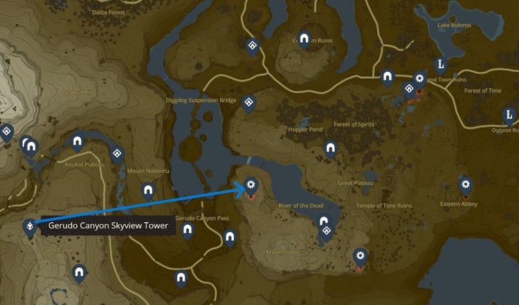 Map of Hyrule Pointing Out A Path From Gerudo Canyon Skyview Tower to Great Plateau West Chasm